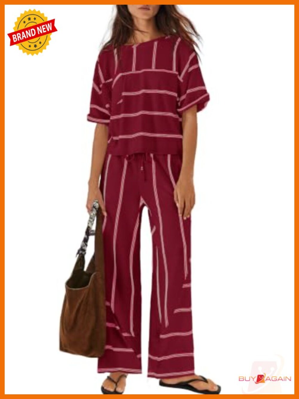 Womens Striped Lounge Set 2 Piece Cotton Blend Short Sleeve Tops Wide Leg Pants